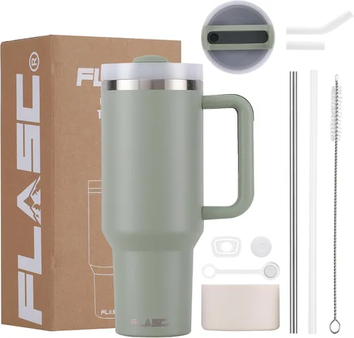 FLASC Vaso de 40 onzas con asa y popote | Vaso aislado 100% a prueba de fugas con tapa y pajilla, incluye todos los accesorios: popote de acero