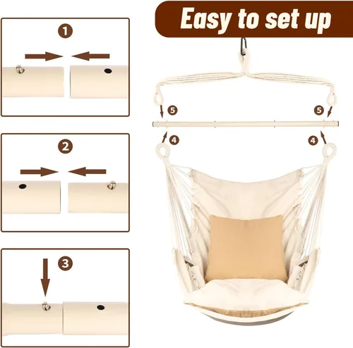 Miniatura 8 de Silla hamaca colgante con cuerda – Máximo 500 libras – 2 cojines y 1 almohada para el cuello incluida – Barra separadora de acero resistente