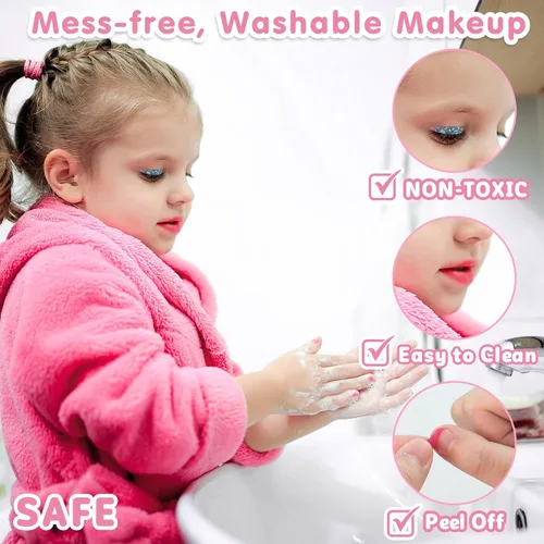 Miniatura 6 de 58Pcs Kit de maquillaje para niños para niña - Juego de cosméticos lavables reales con espejo iluminado - Juegos de maquillaje para niñas