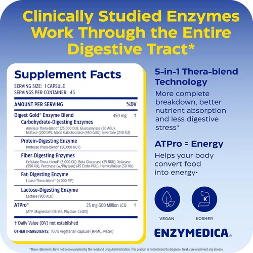 Miniatura 2 de Enzymedica - Digest Gold + ATPro - Enzimas de máxima potencia para la salud digestiva, descompone carbohidratos, grasas, fibra y proteínas