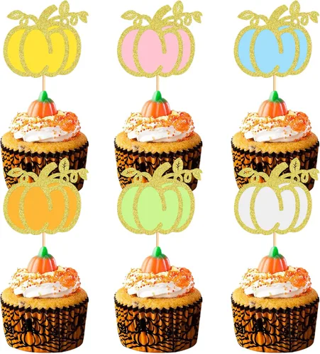 Miniatura 14 de Ercadio Paquete de 24 adornos de calabaza para cupcakes con purpurina de cosecha de otoño, calabaza, cupcakes, decoraciones para calabaza, tema