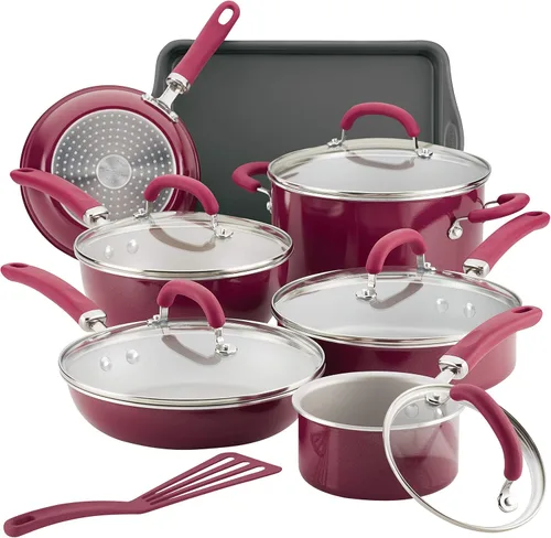 Rachael Ray Create Delicious - Juego de ollas y sartenes antiadherentes, 13 piezas, color burdeos brillante
