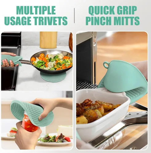 Miniatura 3 de Rorecay Juego de 6 guantes de horno y soportes para ollas resistentes al calor a 500 grados, guantes de horno de silicona extra largos
