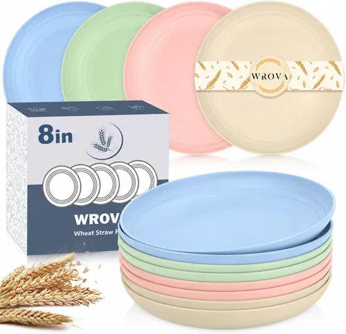 Miniatura 14 de Wrova Platos de paja de trigo – Juego de 8 platos llanos irrompibles de 8 pulgadas – Platos de plástico aptos para lavavajillas y microondas