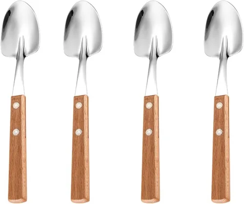 Miniatura 8 de Ouliget Cuchara de mango de madera retro, cucharadas de servir de acero inoxidable, cuchara de madera, cubiertos plateados con mango marrón, 4