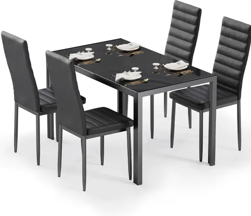 Miniatura 2 de Bealife Juego de mesa de comedor de cocina para 4, juego de mesa y sillas de vidrio templado de 5 piezas moderno para el hogar, cocina, sala de Negro