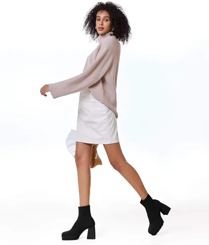 Miniatura 4 de Botines de plataforma para mujer, con punta cuadrada, tacón grueso, de bloque elástico, de punto sin cordones