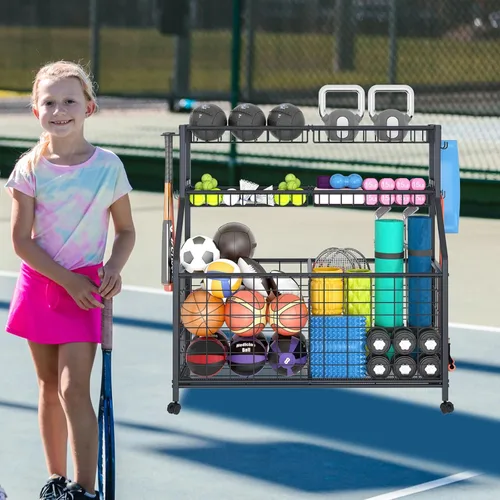 Miniatura 4 de Estante de almacenamiento de bolas, carrito organizador de equipo deportivo grande para garaje, gimnasio en casa, almacenamiento de equipo deportivo