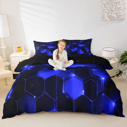 Miniatura 31 de Funda de edredón hexagonal verde estereoscópica de nido de abeja para niños, diseño geométrico de colmena, funda de edredón geométrica de panal