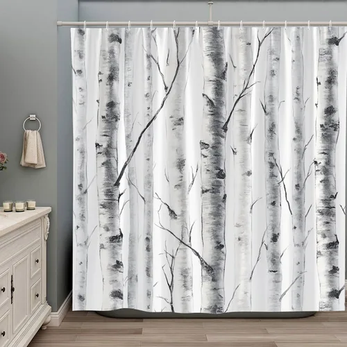 Cortina de ducha con diseño de abedul, acuarela, gris, blanco, moteado, tronco, rama de árbol, naturaleza, rústico, granja, al aire libre, tela