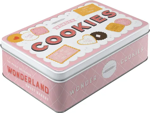 Nostalgic-Art Caja de lata de almacenamiento retro plana, 84.5 onzas, Wonder Cookies, idea de regalo para la cocina, lata de metal con tapa, diseño