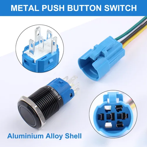 Miniatura 3 de 2 piezas de interruptor de botón de cierre antivandálico de metal impermeable de 0.630 in, carcasa negra autobloqueante con enchufe precableado