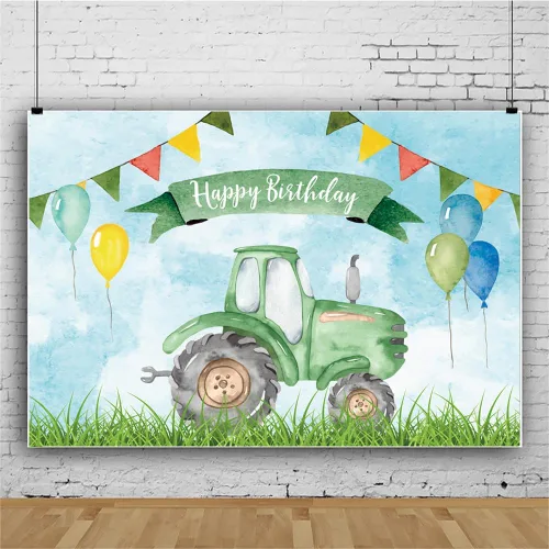Miniatura 5 de Telón de fondo de cumpleaños de tractor verde de granja de 5 x 3 pies para decoración de fiesta de cumpleaños de niños, fondo de fotografía, globo