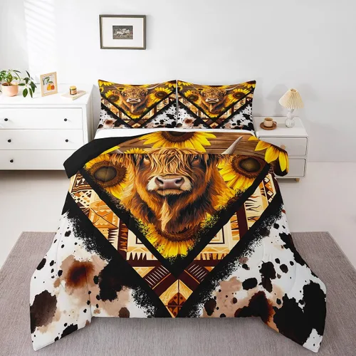Miniatura 14 de Erosebridal Highland Cow - Juego de edredón tamaño matrimonial, juego de ropa de cama de toro de cuerno largo occidental para niños y adultos, Verde