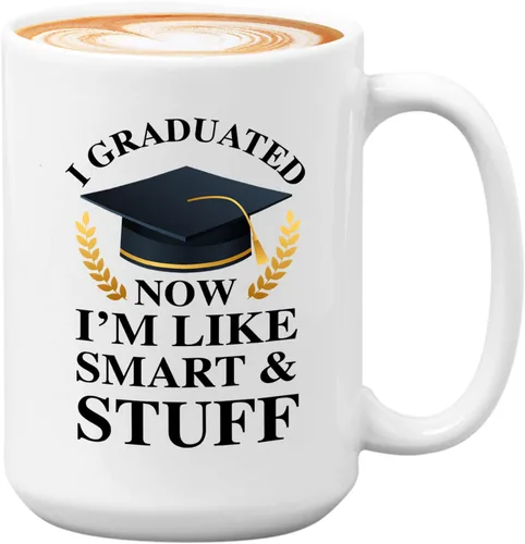 Miniatura 8 de Taza de café de graduación de 15 onzas, color negro, con texto en inglés «Now I'm Like Smart & Stuff – Chistes graduados divertidos, collage tonto