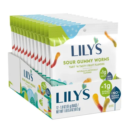 Miniatura 3 de LILY'S Surtido de sabores de frutas sin azúcar añadido, bolsas de gusanos gomosos agrios, 1.8 oz (12 unidades)