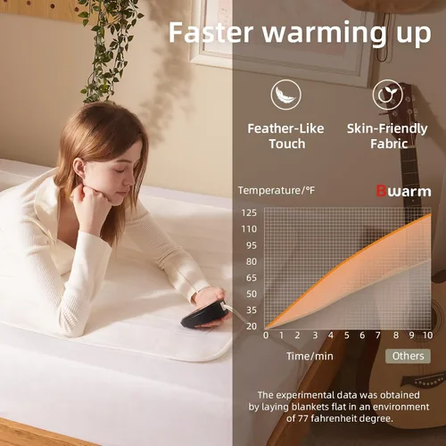 Miniatura 2 de Bwarm Cubrecolchón eléctrico con calefacción tamaño mini individual, 31 x 55 pulgadas, calentador de cama, 9 ajustes de calor, 1-12 horas de apagado