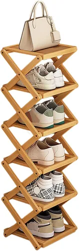 Miniatura 9 de YYW Zapatero plano de bambú para entrada, sin instalación y plegable, pequeño zapatero vertical, ahorra espacio, zapatero estrecho para armario