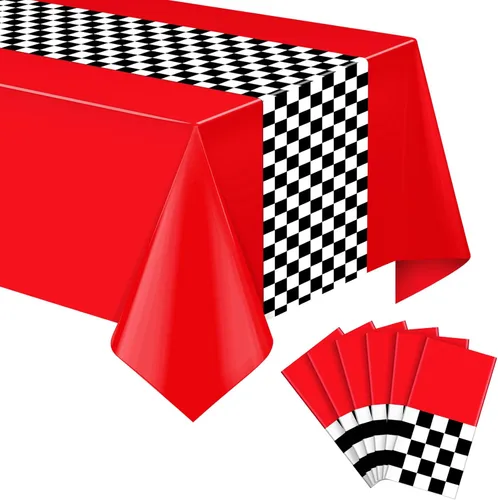 Miniatura 9 de Paquete de 3 manteles de plástico de auto de carreras, mantel desechable a cuadros rojos y negros, mantel rectangular a cuadros de búfalo