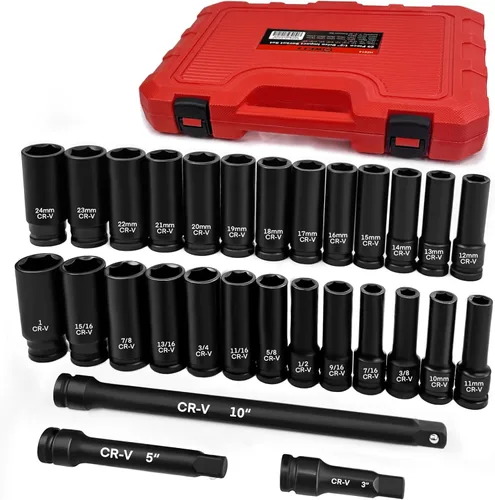 WETT Juego de llaves de impacto de 1/2 pulgada con 29 piezas de estrías profundas con barra de extensión, acero Cr-V, SAE y métrico, 6 puntas, (3/8"
