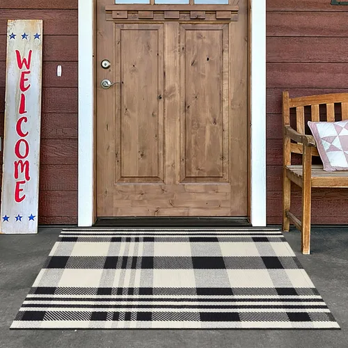 Alfombra de Exterior de Cuadros Buffalo 2x3 pies, Alfombra Tejida de Algodón Negro y Blanco Roto, Tapetes para Puerta de Porche Frontal, Alfombra