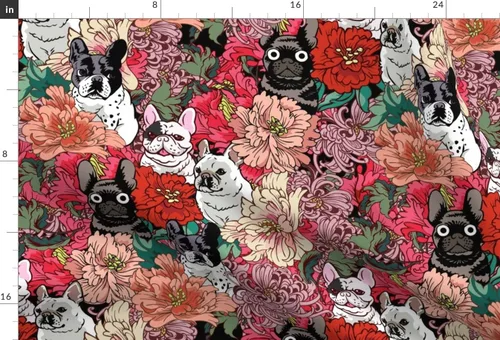 Miniatura 3 de Spoonflower Tela - Frenchie Florals Bulldog Francés Flores Rojas Rosadas Perros No Deportivos Impresos en Tela de Gasa Barrio Grasa - Costura Ropa