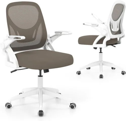 COSTWAY Silla de oficina, cómoda silla giratoria de escritorio con altura ajustable y reposabrazos abatibles, sillas ergonómicas de malla para Gris