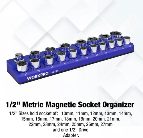 Miniatura 2 de WORKPRO Organizador magnético para llaves de vaso, soporte métrico de 1/2 pulgada, bandejas para llaves de vaso con capacidad para 19 piezas