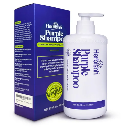 Herbishh Champú morado para cabello rubio, 16.9 onzas líquidas, elimina los matices amarillos y cobrizos del cabello plateado y resaltado, champú de