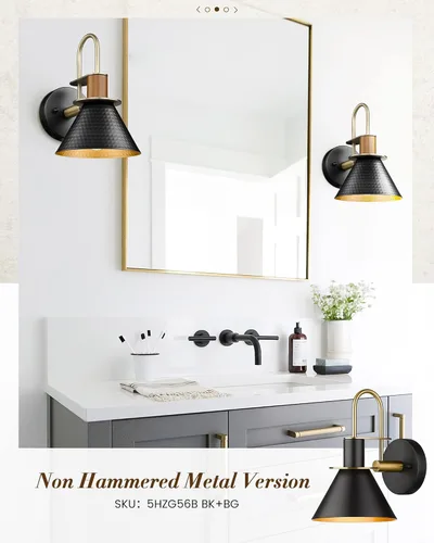 Miniatura 4 de HWH - Juego de 2 apliques de pared modernos, iluminación industrial de pared de granero de latón para dormitorio, cocina, pantalla de metal Negro