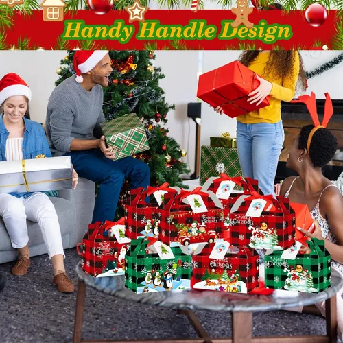 Miniatura 2 de Zhanmai Cajas de regalo de Navidad a cuadros, 100 piezas, incluye etiqueta de regalo y cinta, perfectas para regalos, fiestas (rojo y verde)