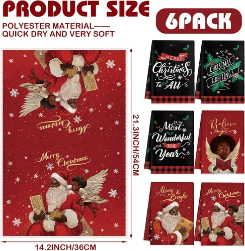 Miniatura 2 de Hosuly 6 Piezas Toallas de Cocina Navideñas Afroamericanas Paños de Platos de Santa Negro Toallas de Mano Navideñas Negras y Rojas Santa Ángel Acebo