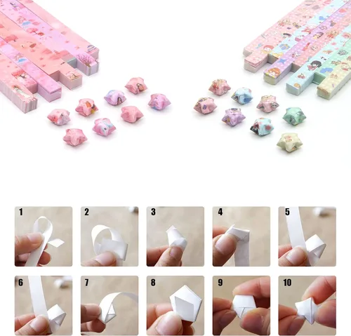 Miniatura 2 de 1120 hojas de tiras de papel para origami en forma de estrella con 2 diseños diferentes de lindos origami de dibujos animados para manualidades DIY