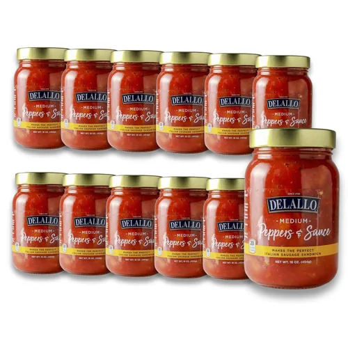 DeLallo Pimientos y salsa, especias medianas, salsa de tomate casera con trozos de pimiento y pimientos de plátano picantes, para salchicha italiana