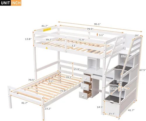 Miniatura 2 de Bellemave Cama alta con escritorio y escaleras, litera individual sobre cama individual con cajones de almacenamiento y estantes, camas altas