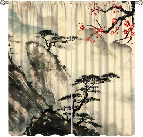Miniatura 10 de Cortina asiática, flor de cerezo japonés, montañas brumosas de ciruelo rojo asiático, pintura de tinta tradicional, paisaje chino oriental