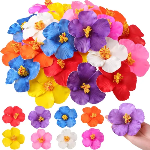 Hotop 24 flores artificiales de hibisco, coloridas flores falsas hawaianas, decoración de hibisco tropical sintético para decoración de fiesta de