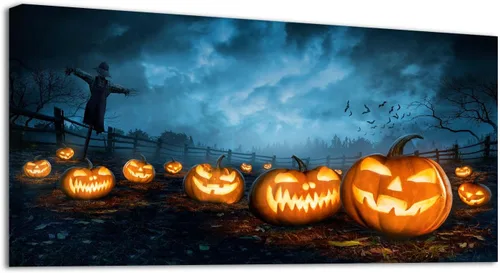 Miniatura 10 de YONICA Lienzo decorativo para pared de Halloween para sala de estar, decoración del hogar, calabaza de Halloween sobre lienzo de alta definición