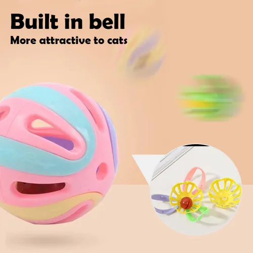 Miniatura 4 de Pelotas de juguete coloridas para gatos con campana, 6 unidades, diseño hueco interactivo, plástico, juguete de ejercicio de entrenamiento