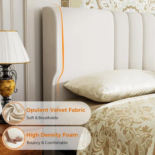 Miniatura 4 de GTPLAYER Base de cama de tamaño matrimonial, base de cama tapizada con cabecera alta con respaldo de alas, tela de terciopelo suave, no necesita