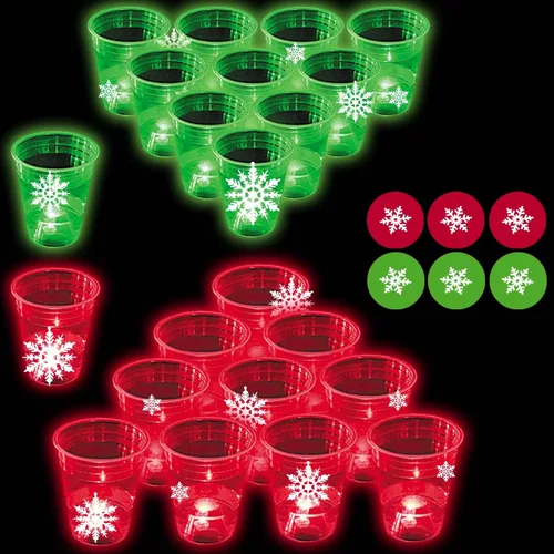YHFUISK - Juego de 22 tazas de pong luminosas de Navidad para fiesta de Navidad con 6 bolas de copo de nieve, 20 copos de nieve de plástico, rojo y