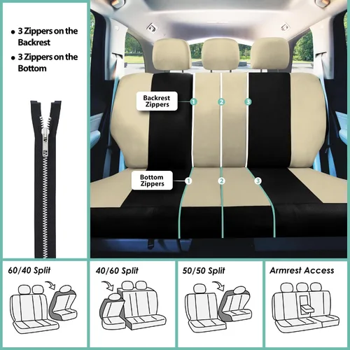 Miniatura 12 de Fundas para asientos FH GROUP FH-FB030115 de tela liviana y aireada, con división para airbag, set combinado menta/negro: funda de volante, Beige