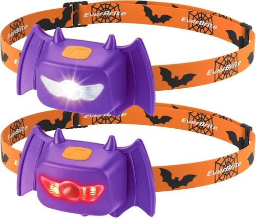 EverBrite Faros delanteros de murciélago de Halloween, paquete de 2 lámparas de cabeza para niños con 3 modos cálido/rojo/estroboscópico, faros para