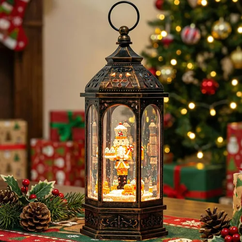 Miniatura 14 de Gnomos de Navidad de 10 pulgadas, linterna de globo de nieve iluminada, caprichoso árbol de Navidad y elfo escandinavo, linterna de agua musical