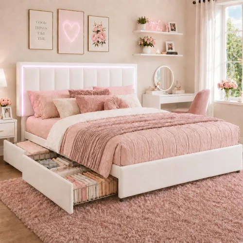 Base de cama tamaño Queen con 4 cajones de almacenamiento, base de cama tapizada Queen con cabecero, luces LED RGB, base de metal resistente y Blanco