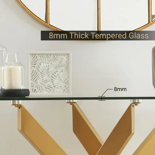 Miniatura 7 de Mesa consola moderna de patas cruzadas con vidrio templado de 0.315 pulgadas, mesa de entrada geométrica dorada para sala de estar y dormitorio, 45
