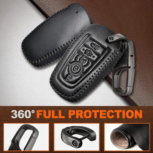 Miniatura 4 de Slohif Funda de cuero para llavero Ford para Edge Escape Expedition Explorer Fusion Mustang Ranger F-150 F-250 5 botones, funda de cuero+anillo en D