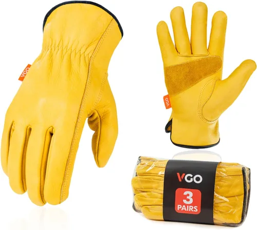 Vgo - 3 pares de guantes de trabajo y conductor de cuero de vaca sin forro con parche de palma de cuero dividido de vaca (talla XXL, dorado, CA9590)