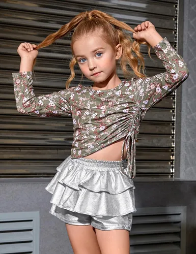 Miniatura 3 de Pantalones cortos metálicos plisados para niñas, con volantes brillantes, para patinadora, danza, cintura elástica, pantalones con gafas de sol