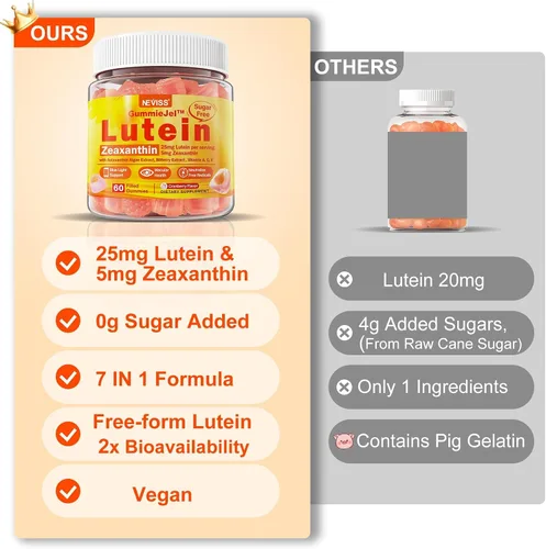 Miniatura 7 de Suplementos de luteína y zeaxantina sin azúcar (25 mg) Vitaminas A, C, E, arándano, astaxantina, aceite de coco para una mejor absorción, salud